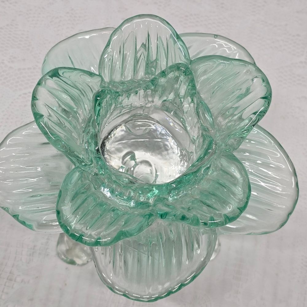 Vintage Teal Recycled Glass Footed Lotus Flower Candle Holder Art Deco Boho - Picture 4 of 11